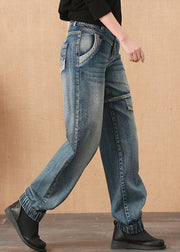 Lose blaue Patchwork-Taschen hohe Taillen-Baumwoll-Jeanshose mit weitem Bein Herbst