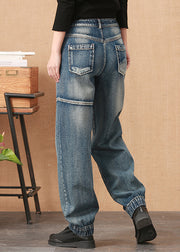 Lose blaue Patchwork-Taschen hohe Taillen-Baumwoll-Jeanshose mit weitem Bein Herbst