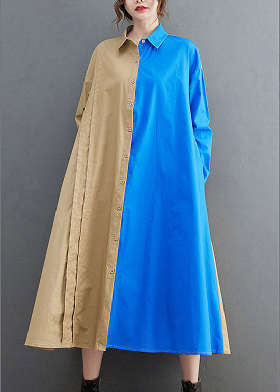 Lose blaue Bubikragen Knopf asymmetrisches Design Taschen Hemdkleider Frühling