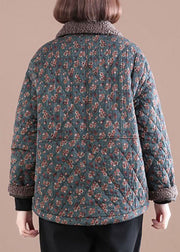 Loose Blue PeterPan Collar Print Warm Fleece Jacket Winter