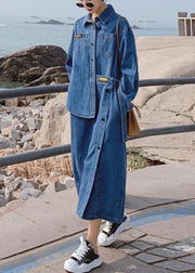 Lose blaue Taschen Knopf asymmetrisches Design Fall Denim Langarm langes Kleid