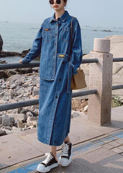 Lose blaue Taschen Knopf asymmetrisches Design Fall Denim Langarm langes Kleid