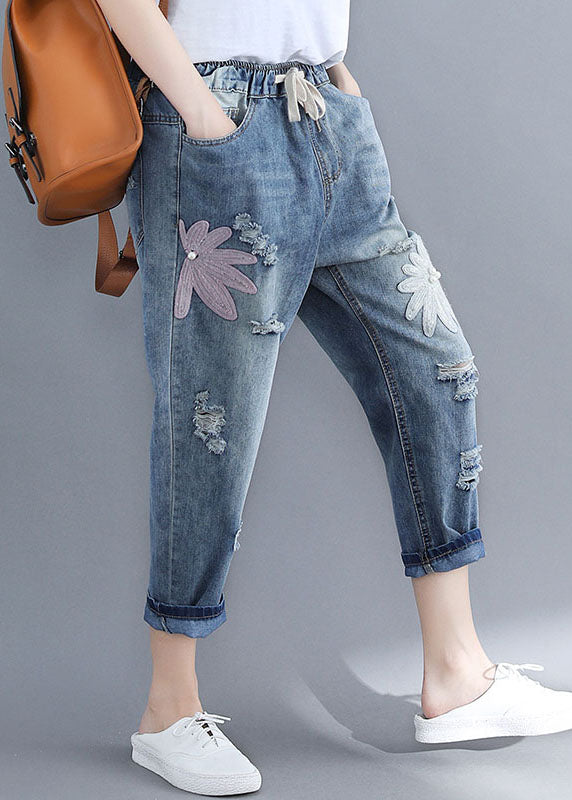 Loose Blue Pockets Nail Bead Elastic Waist Patchwork Ripped Jeans Summer