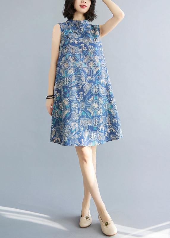Loose Blue Print Oriental Summer Cotton Dress - SooLinen