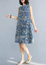 Loose Blue Print Oriental Summer Cotton Dress - SooLinen