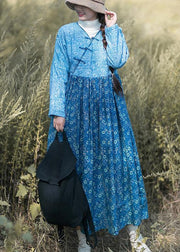 Loose Blue Print Robes V-Neck Patchwork Spring Dresses - SooLinen