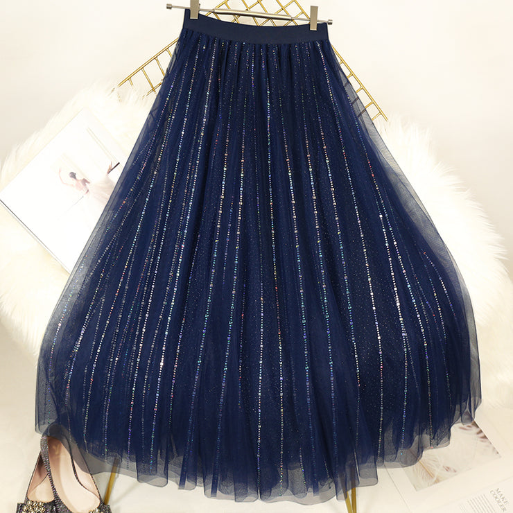 Loose Blue Sequins tulle Pleated  Skirt Summer