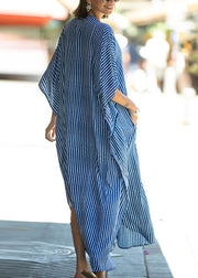 Loose Blue Stand Collar Striped Button Side Open Maxi Dress Summer
