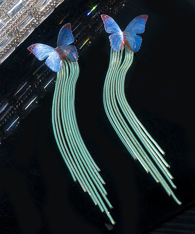 Loose Blue Sterling Silver Butterfly Chain Tassel Drop Earrings