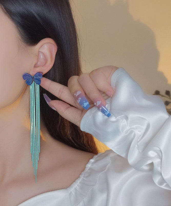 Loose Blue Sterling Silver Butterfly Chain Tassel Drop Earrings