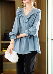 Loose Blue V Neck Button Solid Tops Long Sleeve
