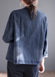 Loose Blue V Neck Embroidered Button Denim Coat Long Sleeve