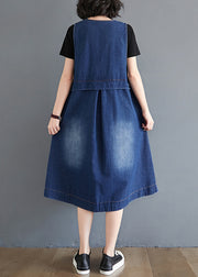 Loose Blue V Neck Pockets Patchwork Denim Waistcoat Dress Sleeveless