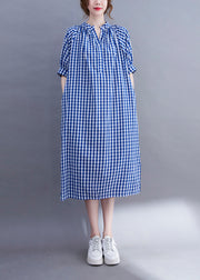 Loose Blue V Neck side open Plaid Cotton Dress Short Sleeve