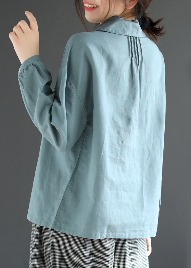 Loose Blue Wrinkled Lace Up Patchwork Cotton Top Long Sleeve