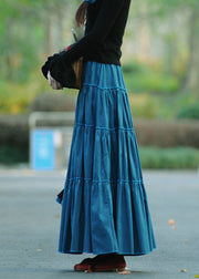 Loose Blue Wrinkled Patchwork Lace Up Corduroy Skirts Spring