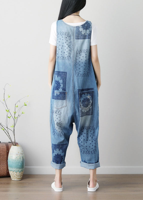 Loose Blue Hole V-Ausschnitt Print Cotton Denim Jumpsuits Spring