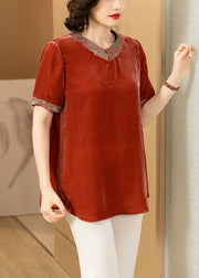 Loose Brick Red Print Patchwork Silk Velour T Shirt Summer