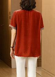 Loose Brick Red Print Patchwork Silk Velour T Shirt Summer