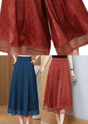 Loose Brick Red Print Pockets Silk Wide Leg Pants Skirt Summer