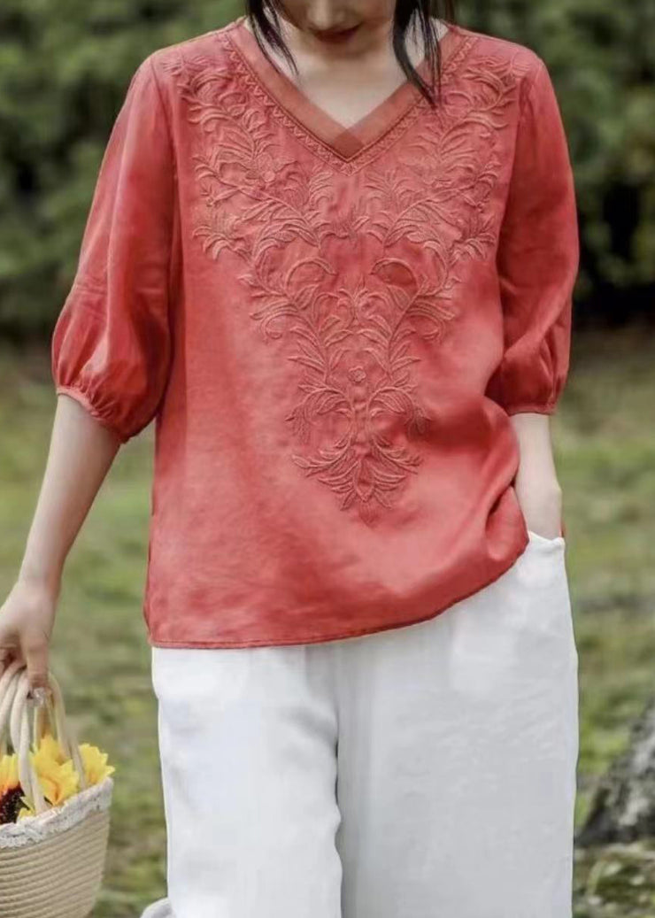 Loose Brick Red V Neck Embroidered Patchwork Linen T Shirt Half Sleeve