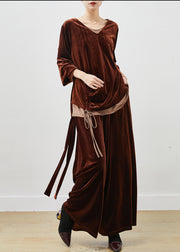 Loose Brown Cinched Patchwork Silk Velour Two Piece Suit Set Spring