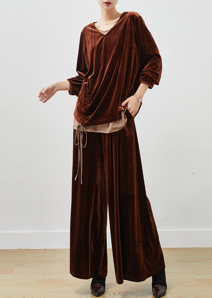 Loose Brown Cinched Patchwork Silk Velour Two Piece Suit Set Spring