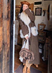Loose Brown Fur Collar Pockets Patchwork Woolen Long Coats Winter