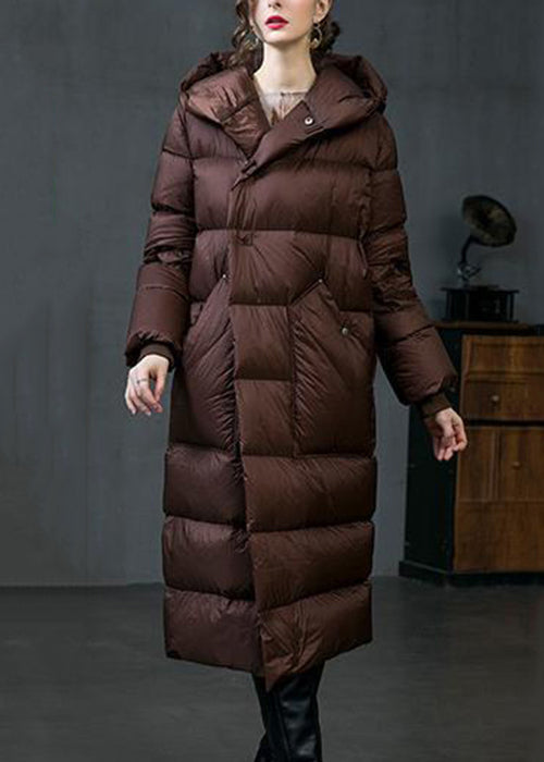 Loose Brown Hooded Pockets Duck Down Down Coat Winter