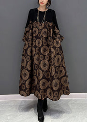Loose Brown O-Neck Patchwork Dot Print Maxi Dress Fall