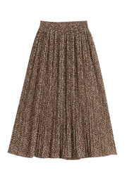 Loose Brown Print Elastic Waist Chiffon Pleated Skirt Fall