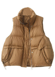 Loose Brown Stand Collar Zip Up Drawstring Duck Down Vest In Winter