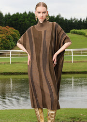 Loose Brown Striped Patchwork Woolen Knit Sweaters Long Dresses Short Sleeve