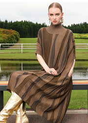 Loose Brown Striped Patchwork Woolen Knit Sweaters Long Dresses Short Sleeve