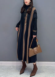 Loose Brown Striped Turtleneck Patchwork Knit Long Dresses Long Sleeve