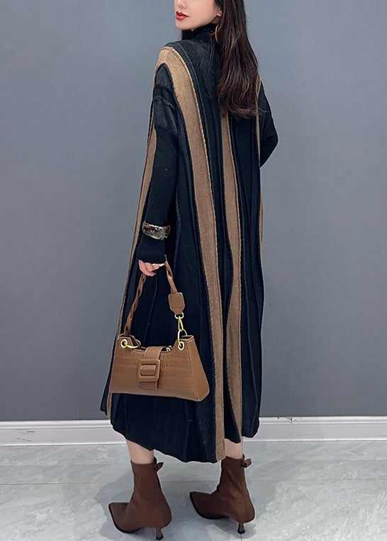 Loose Brown Striped Turtleneck Patchwork Knit Long Dresses Long Sleeve