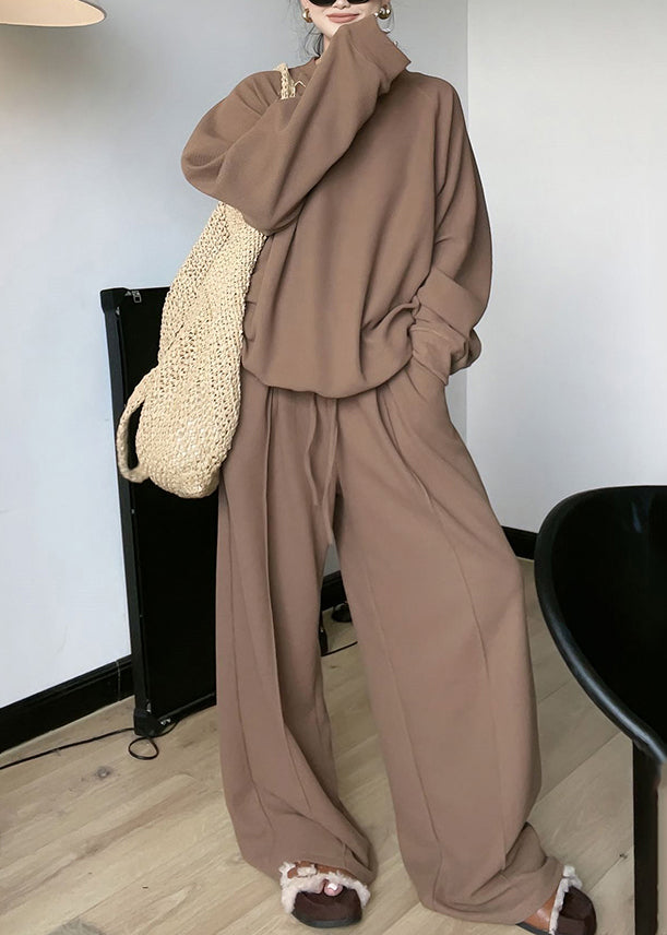 Loose Brown Top And Wide Leg Pants Two Piece Set Spring