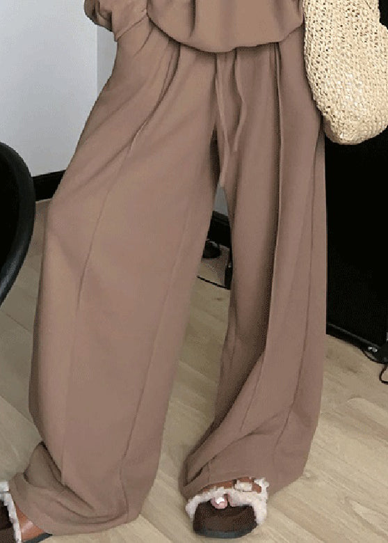 Loose Brown Top And Wide Leg Pants Two Piece Set Spring