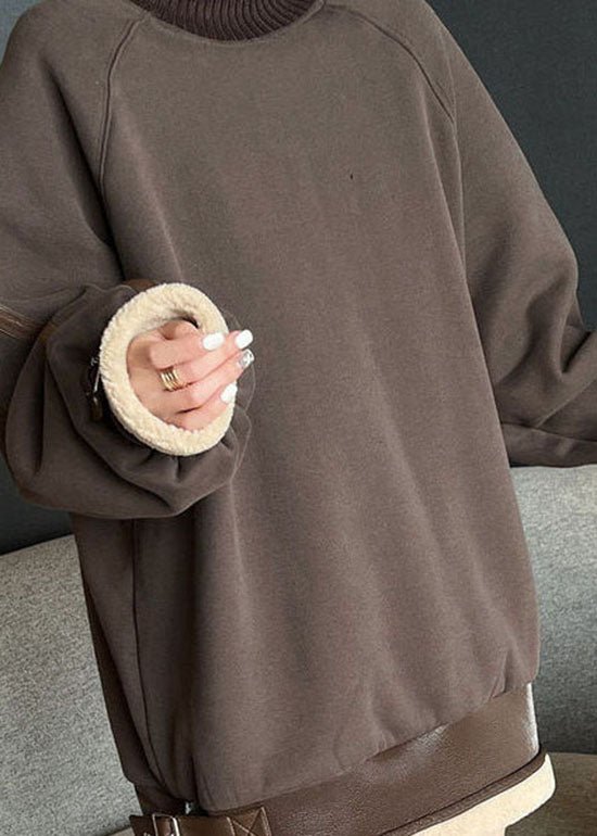 Loose Brown Turtleneck Patchwork Cotton Pullover Streetwear Fall