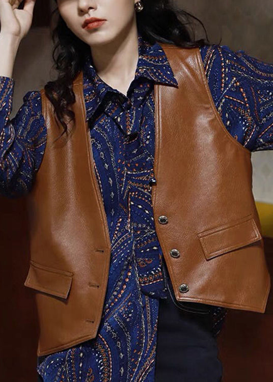 Loose Brown V Neck Button Faux Leather Waistcoat Sleeveless