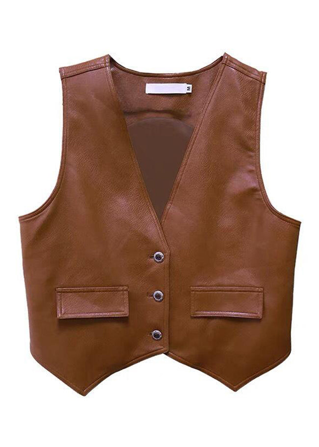 Loose Brown V Neck Button Faux Leather Waistcoat Sleeveless