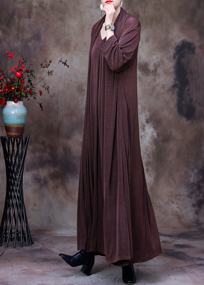 Loose Brown V Neck Fake Two Pieces Silk Long Dresses Long Sleeve