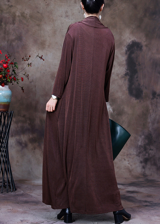 Loose Brown V Neck Fake Two Pieces Silk Long Dresses Long Sleeve