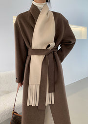 Loose Brown V Neck Tie Waist Double Sided Cashmere Long Coat Fall