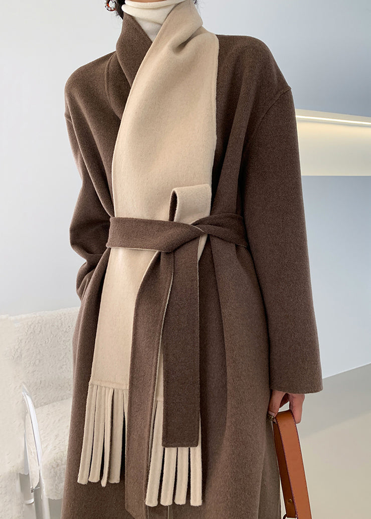 Loose Brown V Neck Tie Waist Double Sided Cashmere Long Coat Fall