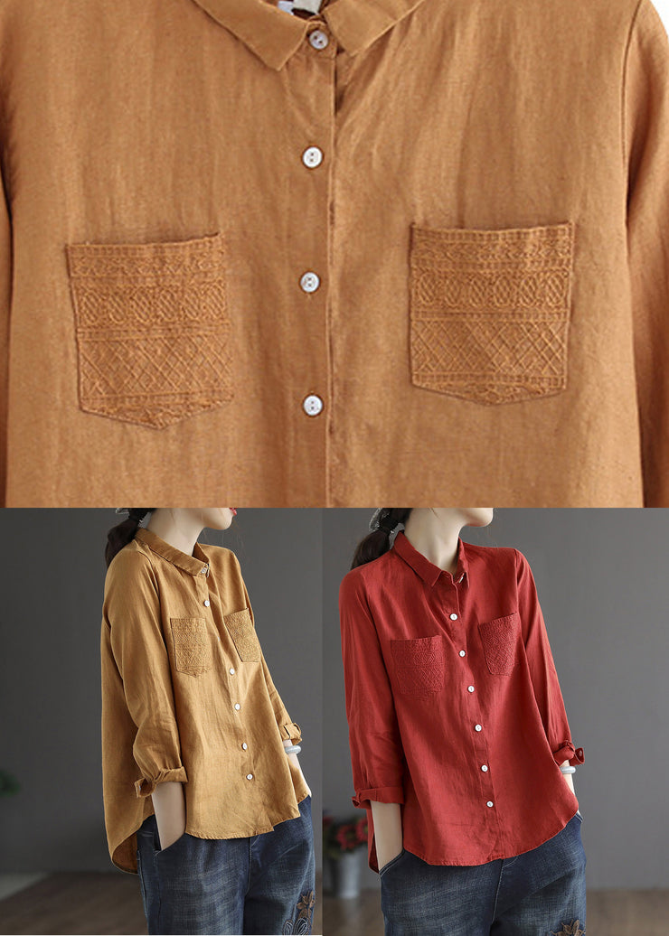 Loose Brown Yellowe Peter Pan Collar Embroidered Button Linen Shirt Long Sleeve