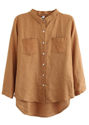 Loose Brown Yellowe Peter Pan Collar Embroidered Button Linen Shirt Long Sleeve