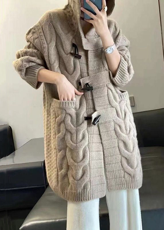 Loose Camel Hooded Pockets Patchwork Knit Coats Long Sleeve