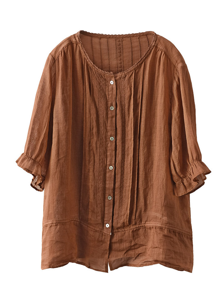 Loose Caramel O-Neck Embroidered Patchwork Linen Shirt Half Sleeve