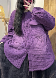 Loose Casual Purple Pockets Button Fine Cotton Filled Coats Winter